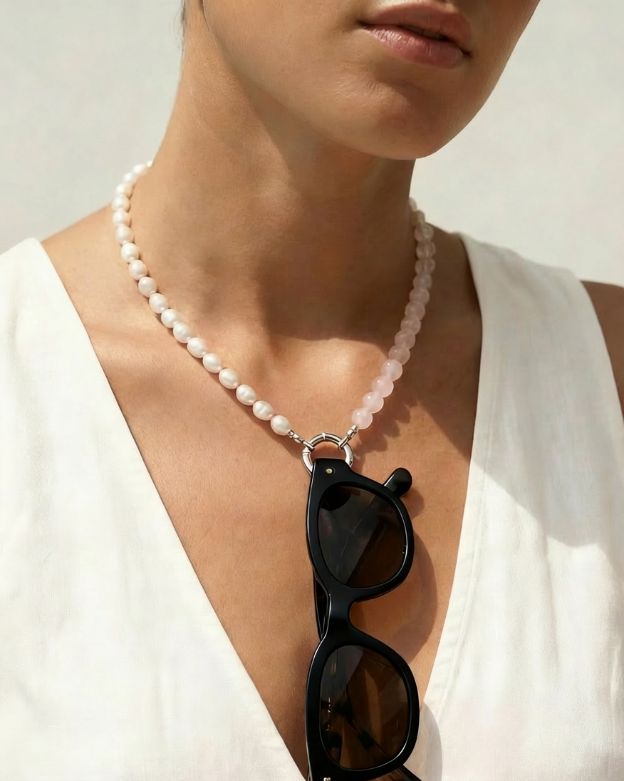 The O Necklace: Fresh Water Pearl & Rose Quartz | Glasses Holder