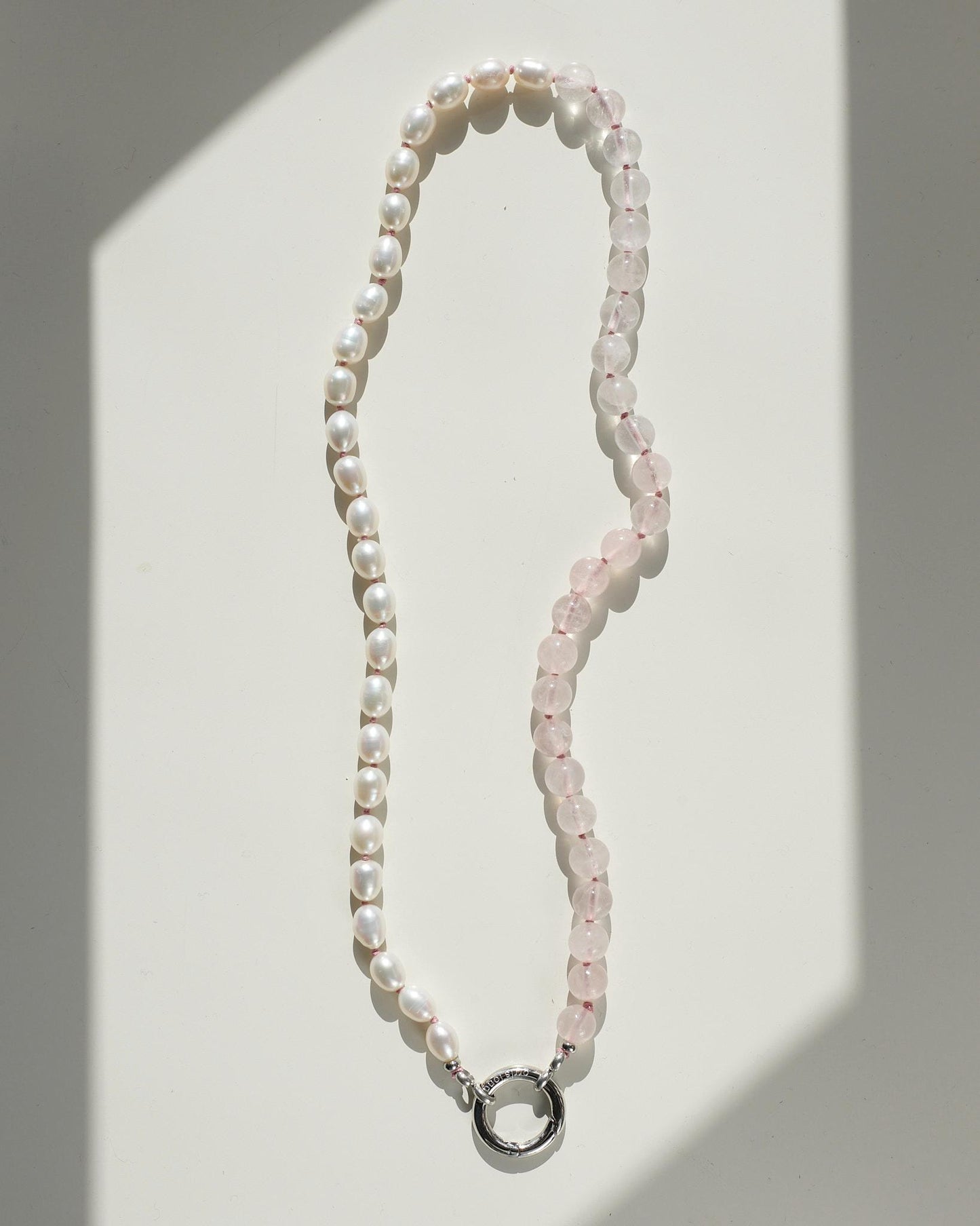 The O Necklace: Fresh Water Pearl & Rose Quartz | Glasses Holder