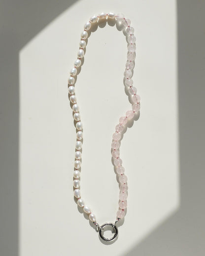 The O Necklace: Fresh Water Pearl & Rose Quartz | Glasses Holder