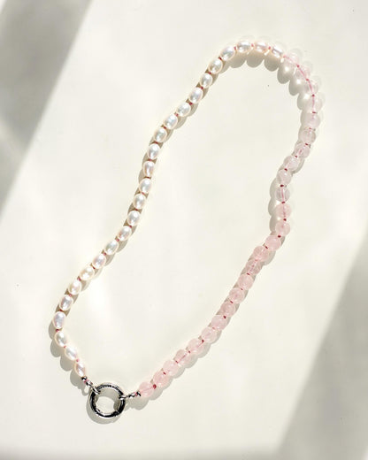 The O Necklace: Fresh Water Pearl & Rose Quartz | Glasses Holder