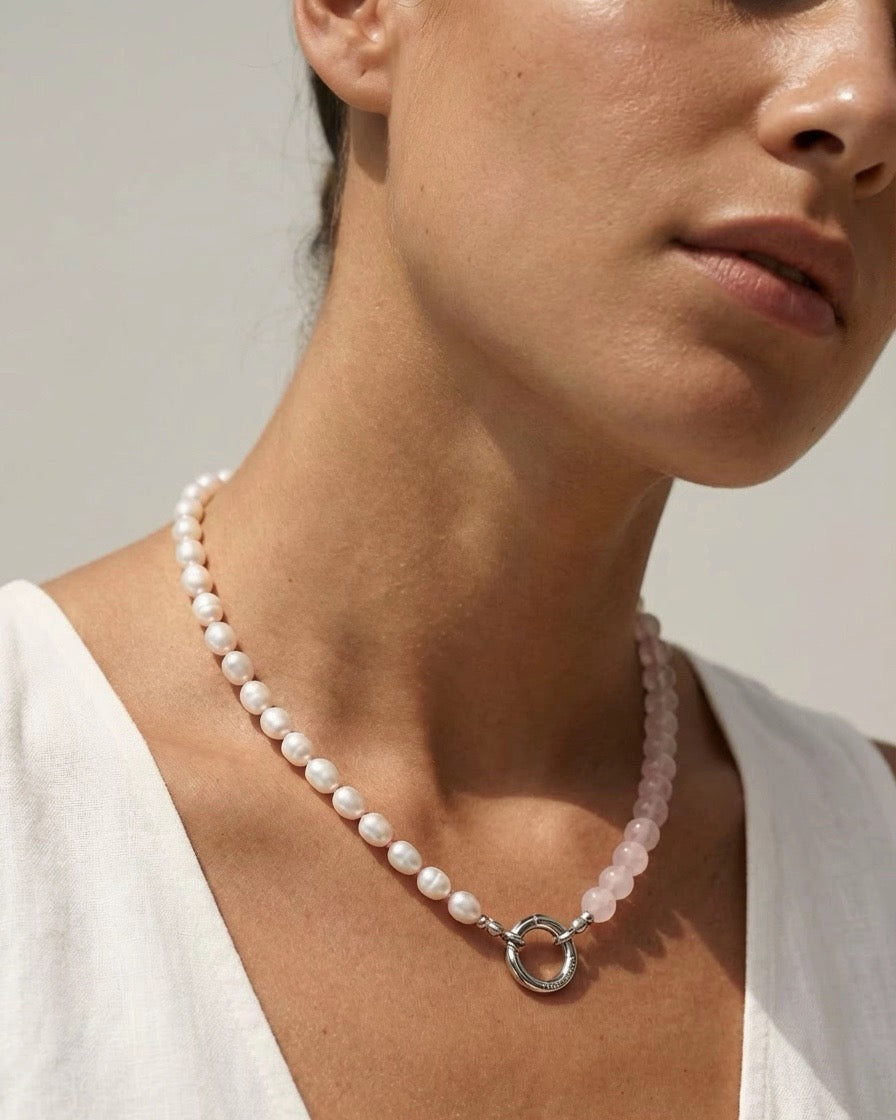 The O Necklace: Fresh Water Pearl & Rose Quartz | Glasses Holder