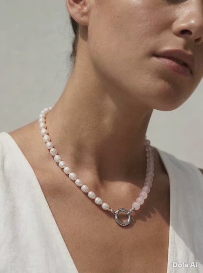 The O Necklace: Fresh Water Pearl & Rose Quartz | Glasses Holder